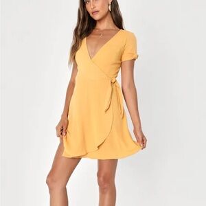 Lulus My Philosophy Golden Yellow Wrap Dress, small